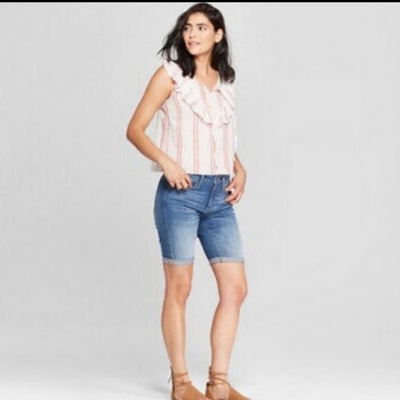 Universal Thread Red White Linen Stripe Ruffle Cropped Sleeveless Shirt‎ Medium - Picture 3 of 6